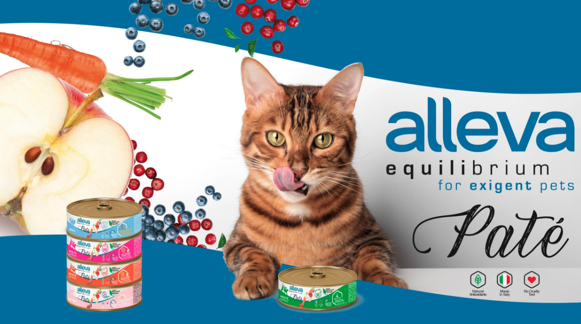 gatto con lattine Alleva Equilibrium Paté, nuova linea di cibo umido gatto naturale
